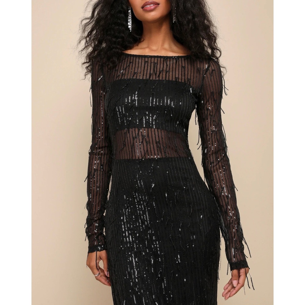 Lulus Sheer Fascination Black Sheer Mesh Sequin Fringe Maxi Dress Gown M 2686